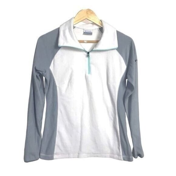 Columbia White Gray Pullover V-Neck Zipped Long Sleeved Fleece Sweatshirt Small - Picture 1 of 8